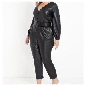 Eloquii Women's Black Plus Size Faux Leather Belted V Neck  Goth Glam Jumpsuit